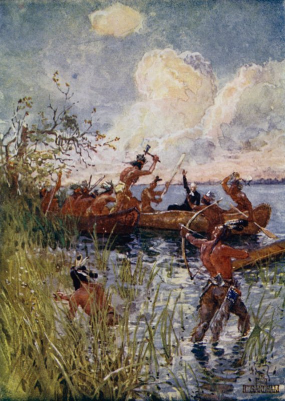 Iroquois مهاجمة التبشير الفرنسي اسحق Jogues والمسيحيين المتحولين ، 1642 بواسطة هنري ساندهام