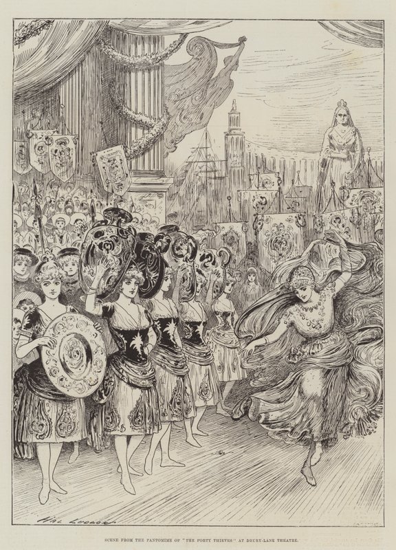 مشهد من مسرحية Pantomime of the Forty Thieves في مسرح دروري لين بواسطة هنري ستيفن لودلو