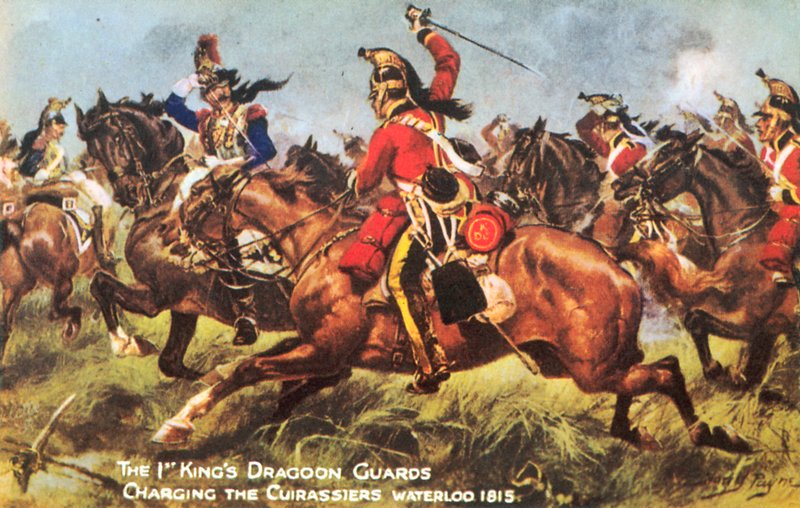 حراس التنين الملك الأول ، يشحنون Cuirassiers ، واترلو 1815 (لون ليثو) بواسطة هنري أ. باين