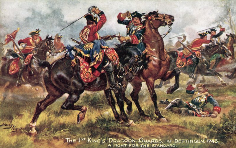 The Kings Horse ، الآن حراس التنين (الملوك) الأول ، معركة Dettingen ، يونيو 1743 بواسطة هنري أ. باين