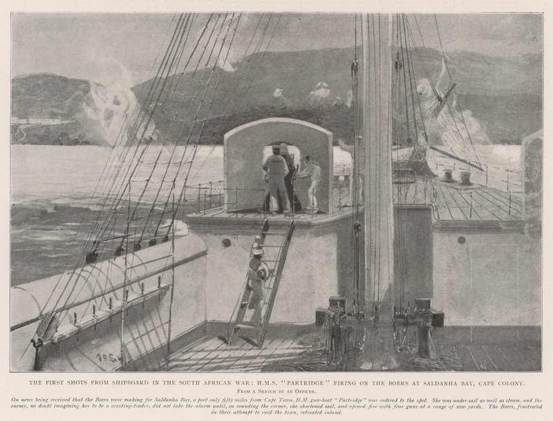 الطلقات الأولى من السفن على متن السفن في حرب جنوب إفريقيا ، إطلاق HMS Partridge على البوير في خليج سالدانها ، كيب كولوني بواسطة هنري تشارلز سيبينجز رايت