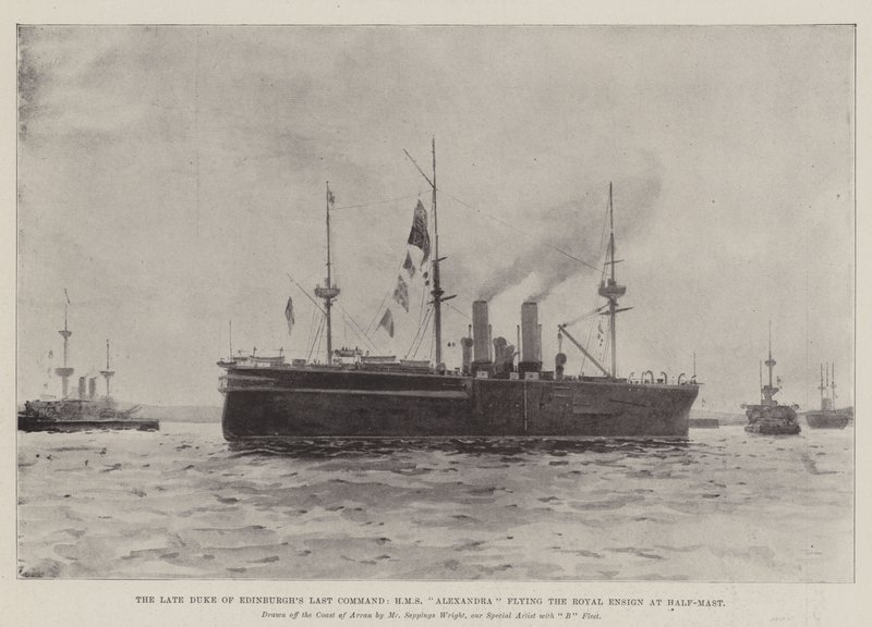 القيادة الأخيرة لدوق إدنبرة الراحل ، HMS ألكسندرا تحلق الشارة الملكية في Half Mast بواسطة هنري تشارلز سيبينجز رايت