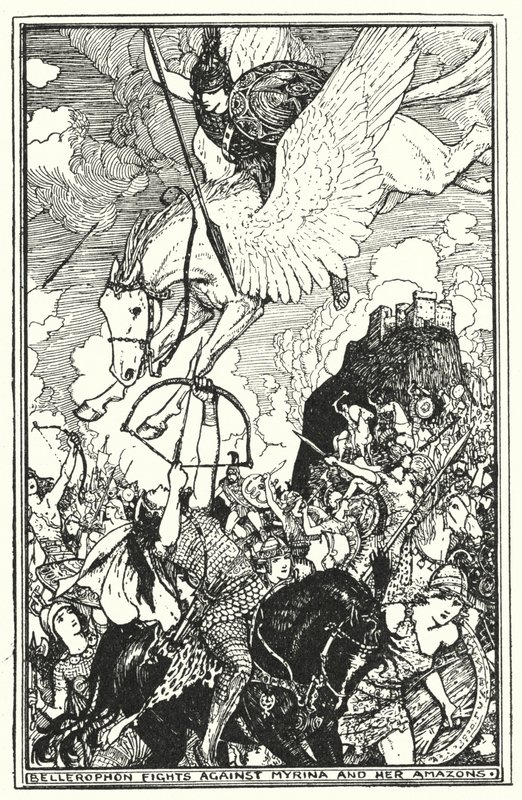تحارب Bellerophon ضد Myrina و Amazons (litho) بواسطة هنري العدل فورد