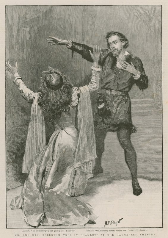 Mr and Mrs Beerbohm Tree in Hamlet at the Haymarket Theatre (engraving) بواسطة هنري ماريوت باجيت
