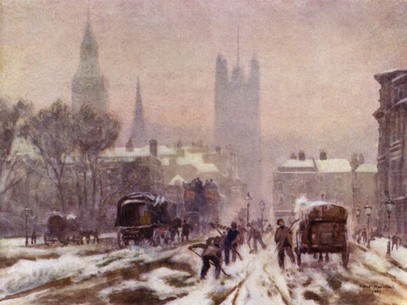 A Snowy Morning, Whitehall (colour litho) بواسطة هربرت مينزيس (بعد) مارشال