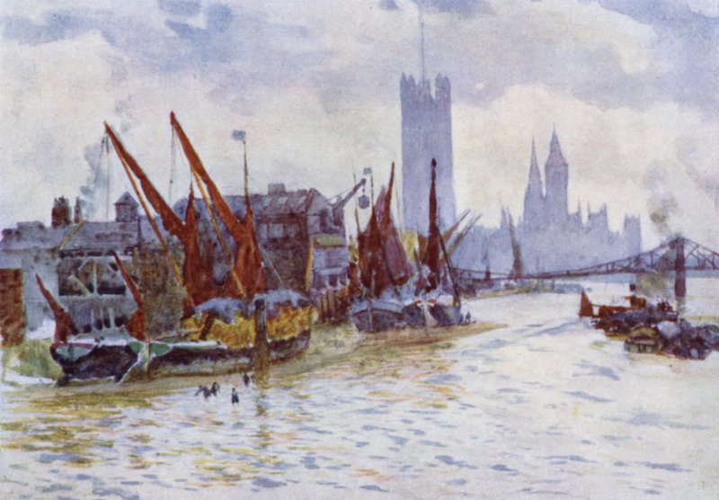 Hay Barges مستلقية على Horseferry في Westminster (لون ليثو) بواسطة هربرت مينزيس (بعد) مارشال