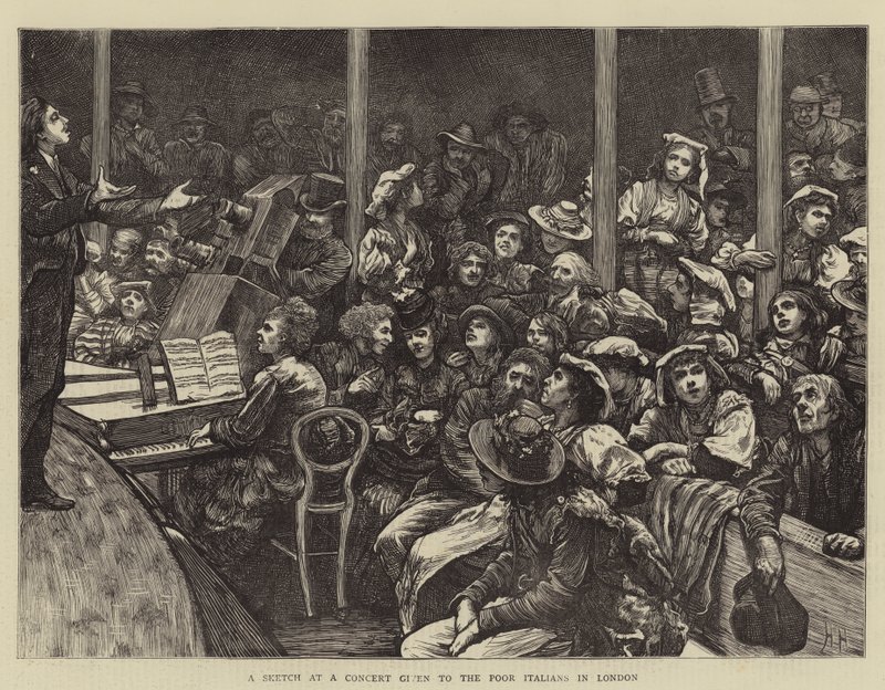 رسم تخطيطي في حفل موسيقي للفقراء الإيطاليين في لندن بواسطة Hubert von Herkomer