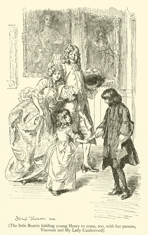 تطلب بياتريكس الصغيرة من هنري أن يأتي أيضًا مع والديها ، Viscount و My Lady Castlewood (نقش) بواسطة هيو طومسون