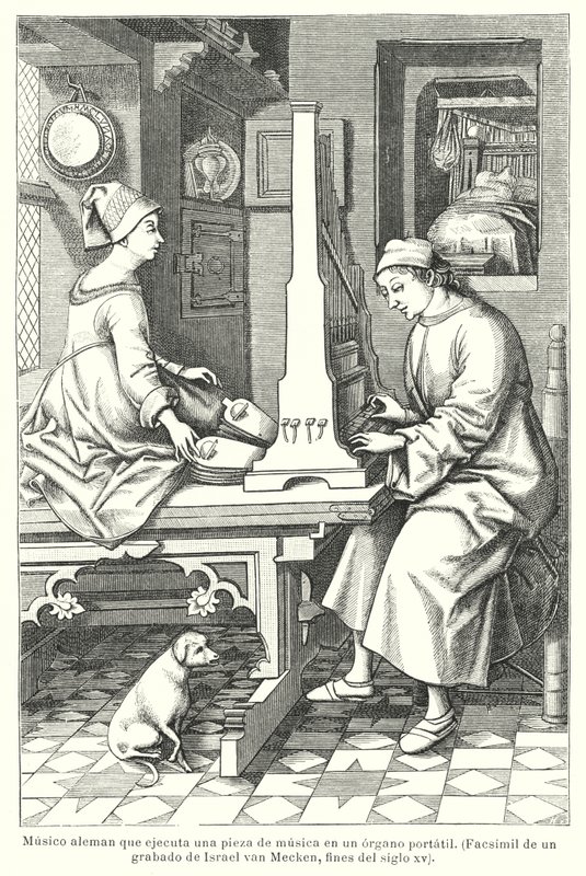 موسيقي ألماني يعزف على الأرغن المحمول ، أواخر القرن الخامس عشر (ليثو) بواسطة إسرائيل فان (بعد) ميكن