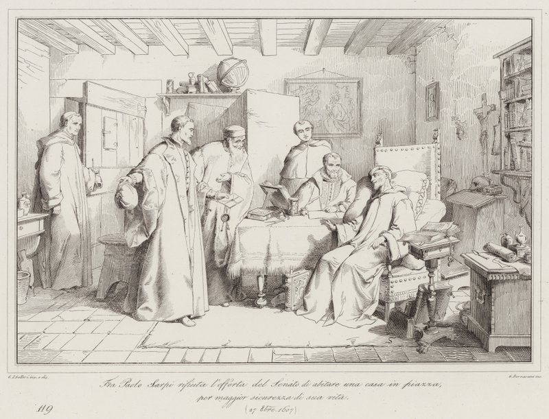 Fra Paolo Sarpi يرفض عرض مجلس الشيوخ للعيش في منزل في الساحة ، لمزيد من الأمن في حياته ، 1607 بواسطة المدرسة الايطالية