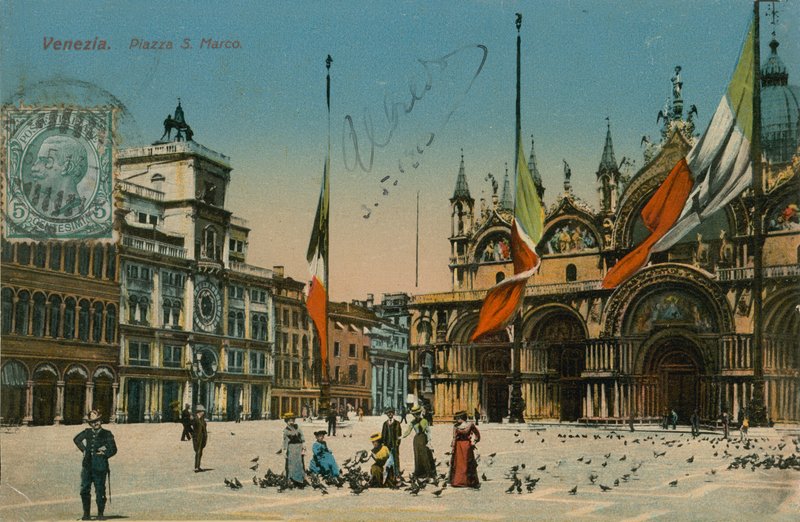 ساحة سانت مارك ، البندقية. أُرسلت البطاقة البريدية عام 1913. بواسطة مصور إيطالي
