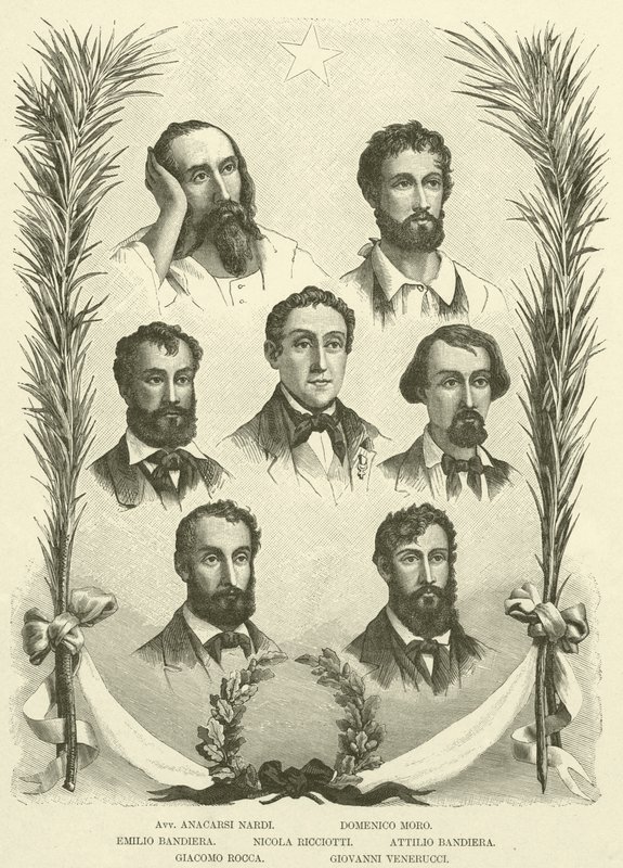 Avv Anacarsi Nardi ، Domenico Moro ، Emilio Bandiera ، Nicola Ricciotti ، Attilio Bandiera ، Giacomo Rocca ، Giovanni Venerucci (نقش) بواسطة المدرسة الايطالية