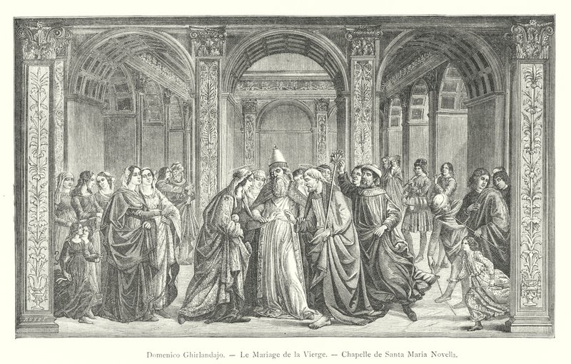 دومينيكو غيرلانداجو ، زواج العذراء ، كنيسة سانتا ماريا نوفيلا (نقش) بواسطة المدرسة الايطالية