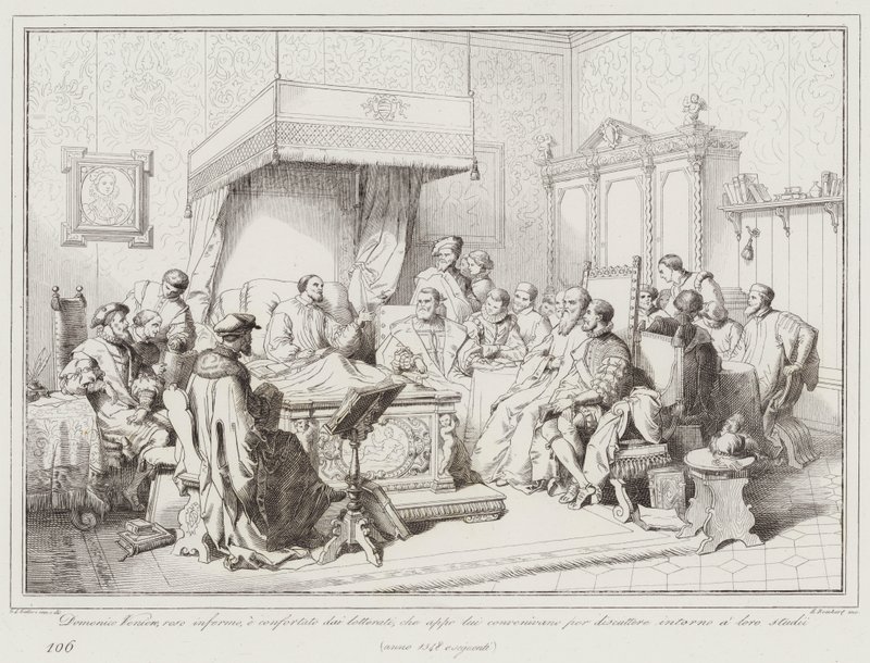 Domenico Veniero, reso infermo, e confortato dai letterati, che appo lui convenivano per  (engraving) بواسطة المدرسة الايطالية