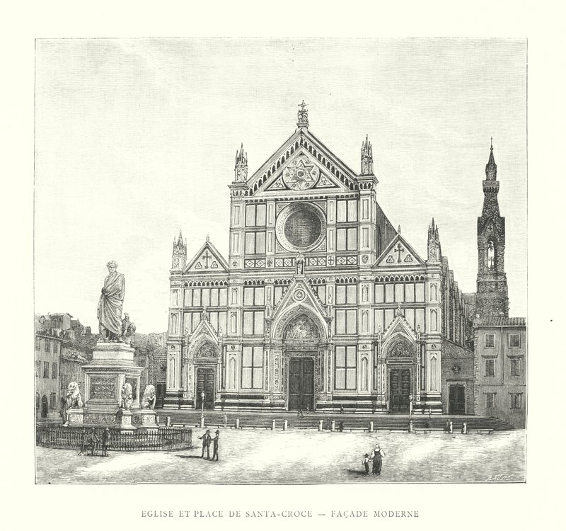 الكنيسة و Place de Santa-Croce ، واجهة حديثة (نقش) بواسطة المدرسة الايطالية