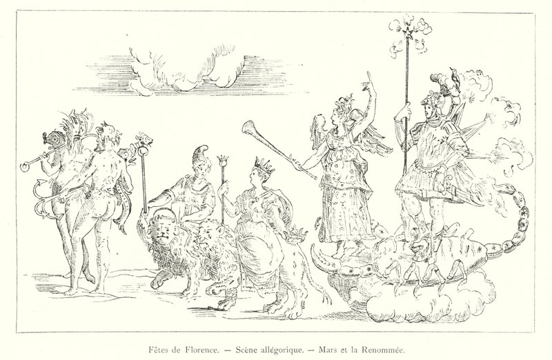 Fetes de Florence ، Allegorical Scene ، Mars et la Renommee (نقش) بواسطة المدرسة الايطالية