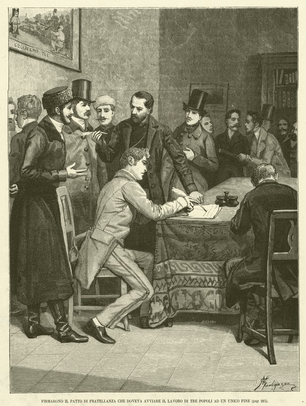 وقعوا على ميثاق الإخوان الذي كان من المقرر أن يبدأ عمل ثلاثة شعوب في نهاية واحدة (نقش). بواسطة المدرسة الايطالية