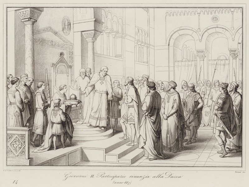 Giovanni II Partecipazio يتخلى عن الدوقية ، 887 (نقش) بواسطة المدرسة الايطالية