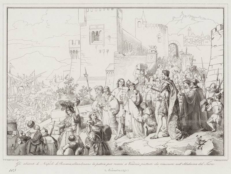 Gli abitanti di Napoli di Romania abbandonano la patria per recarsi a Venezia, piuttosto che  (engraving) بواسطة المدرسة الايطالية