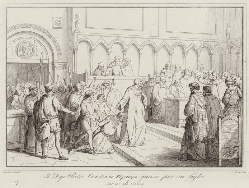 Il Doge Pietro Candiano III prega grazia per suo figlio, 958 (engraving) بواسطة المدرسة الايطالية