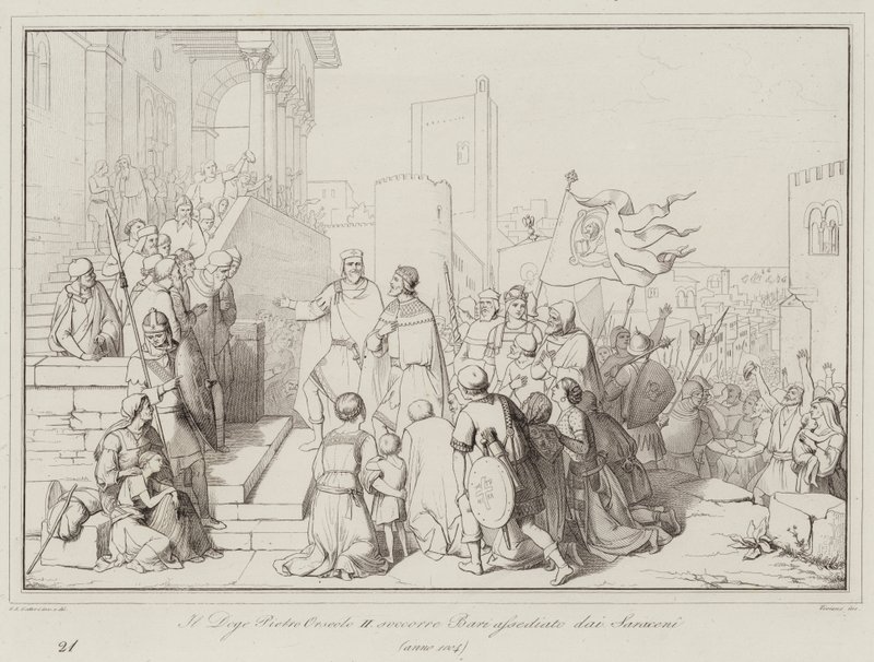 يساعد Doge Pietro Orseolo II باري المحاصر من قبل المسلحين بواسطة المدرسة الايطالية