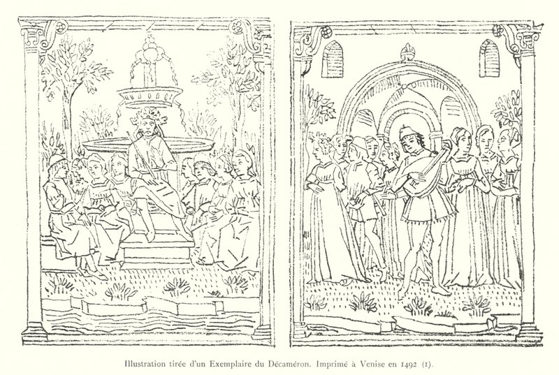 رسم توضيحي من نسخة من ديكاميرون ، طُبع في البندقية عام 1492 ، أنا (نقش) بواسطة المدرسة الايطالية