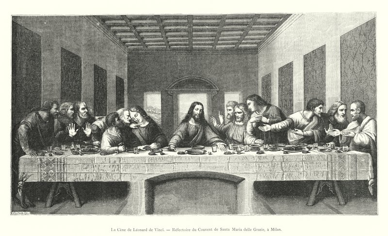 La Cene de Leonard de Vinci ، Refectoire du Couvent de Santa Maria delle Grazie ، في ميلانو (نقش) بواسطة المدرسة الايطالية