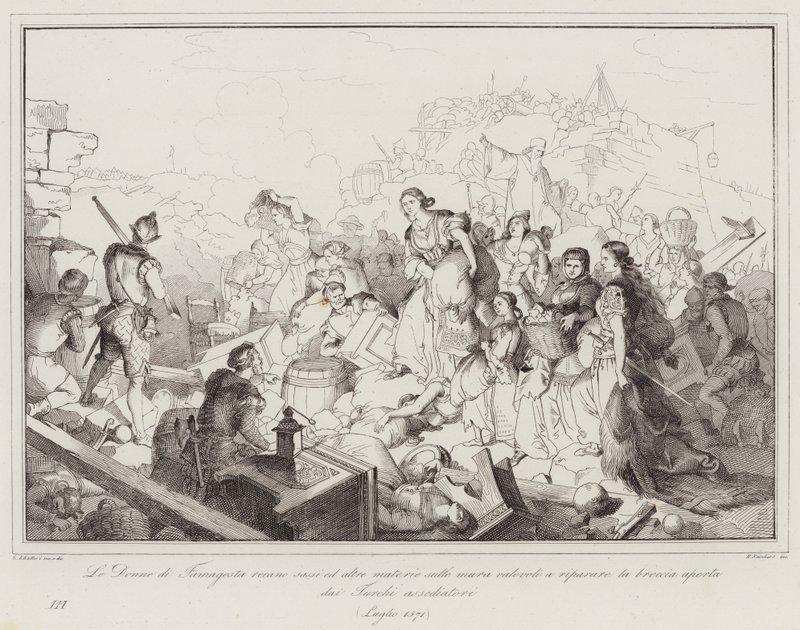 Le Donne di Famagosta recano sassi ed altre materie sulle mura valevoli a riparare la breccia  (engraving) بواسطة المدرسة الايطالية