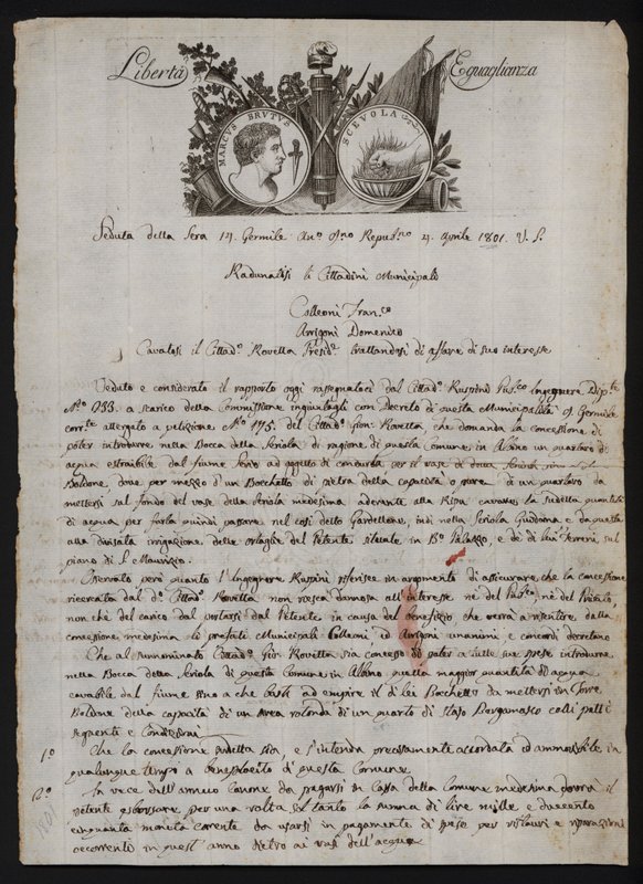 Letter in Italian, with a depiction of the head of Brutus the younger, a burning hand representing Gaius Mucius Scaevola, and the motto of the French Revolution بواسطة المدرسة الايطالية