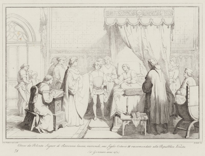 يترك Obizzo da Polenta Signor di Ravenna يحتضر ، وأوصى ابنه Ostasio III ... (نقش) بواسطة المدرسة الايطالية