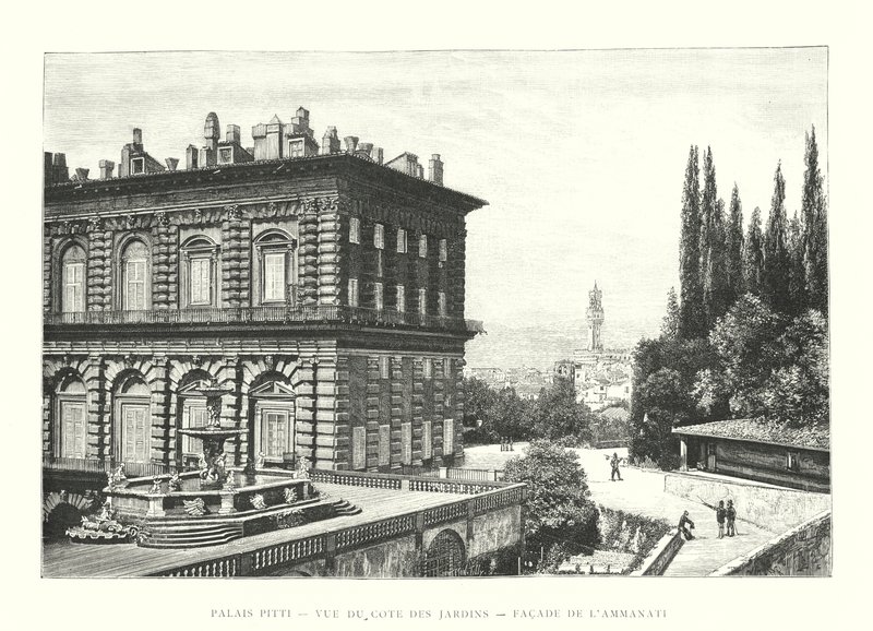 قصر بيتي ، منظر من Cote des Jardins ، واجهة عماناتي (نقش) بواسطة المدرسة الايطالية