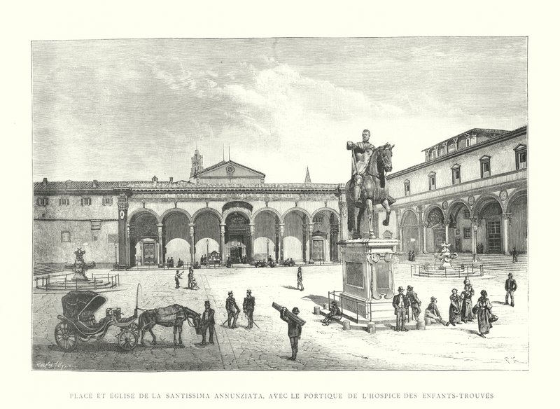 ساحة وكنيسة Santissima Annunziata ، مع Portico of the Hospice des Enfants-Trouves (نقش) بواسطة المدرسة الايطالية