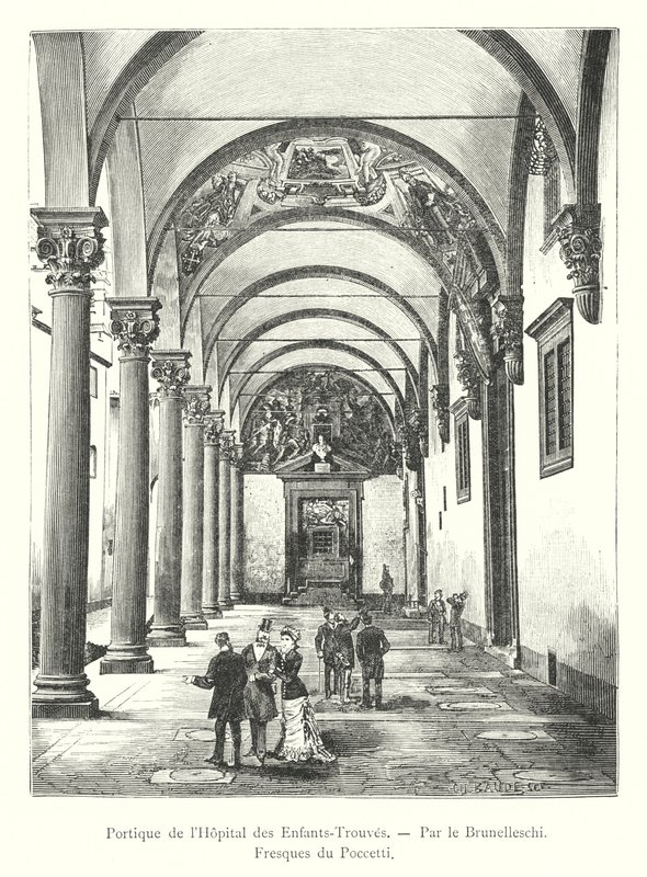 Portico of the Hôpital des Enfants-Trouves ، بقلم Brunelleschi ، جدارية بواسطة Poccetti (نقش) بواسطة المدرسة الايطالية