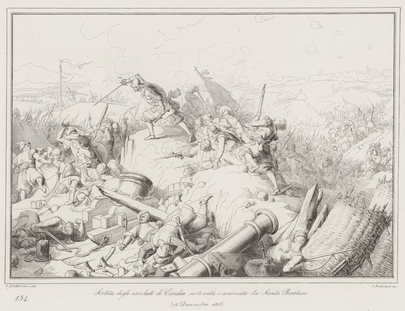 Sortita degli assediati di Candia sostenuta e animata da Sante Barbaro بواسطة المدرسة الايطالية