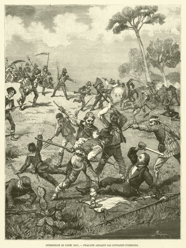 بعثة Sapri (1857) ، Pisacane الاعتداء من قبل الفلاحين الغاضبين (نقش) بواسطة المدرسة الايطالية