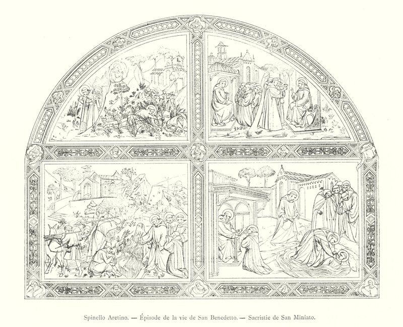 Spinello Aretino ، Episode de la vie de San Benedetto ، Sacristie de San Miniato (نقش) بواسطة المدرسة الايطالية