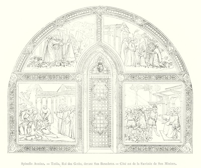 Spinello Aretino ، Totila ، ملك القوط ، أمام San Benedetto ، الجانب الشرقي من Sacristy of San Miniato (نقش) بواسطة المدرسة الايطالية