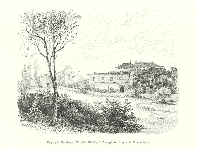 منظر لـ Medici Summer Residence ، في Careggi ، رسم تخطيطي لـ M Gambillo (نقش) بواسطة المدرسة الايطالية