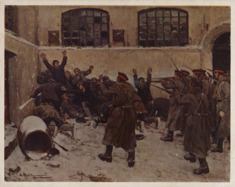 الجنود الروس يطلقون النار على المتظاهرين في منطقة بريسنيا في موسكو خلال ثورة 1905 (لون ليثو) بواسطة إيفان أليكسييفيتش (بعد) فلاديميروف