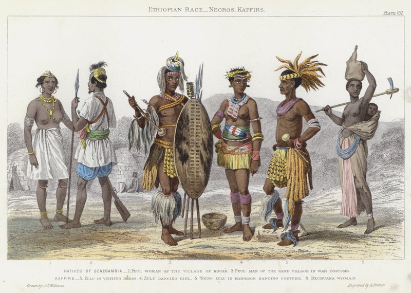العرق الإثيوبي ، Negros ، Kaffirs (نقش ملون) بواسطة JL (بعد) ويليامز