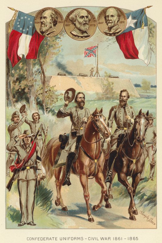 زي الكونفدرالية ، الحرب الأهلية 1861-1865 (ليثو ملون) بواسطة J. (بعد) ستيبل ديفيس