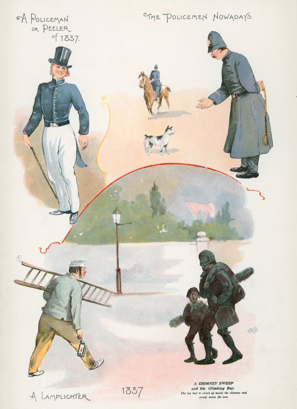 شرطي أو مقشرة عام 1837 ، شرطي في الوقت الحاضر ، Lamplighter ، Chimney Sweep بواسطة جيه آر سينكلير