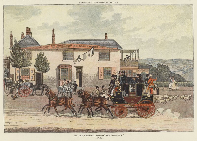 On the Highgate Road - "The Woodman" (لون ليثو) بواسطة جيمس (بعد) بولارد