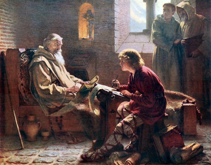 المبجل بيدي يترجم الفصل الأخير من القديس يوحنا. الرسم التوضيحي من مخطط تفصيلي للمسيحية تم تحريره بواسطة A S Peake وآخرون (Waverley ، c 1910.) بواسطة جيمس دويل بنروز