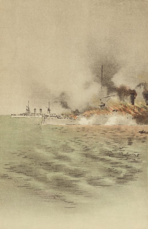 أضرمت مجموعة Varyag النار من قبل طاقمها لمنع الأسر في Chemulpo (chromolitho) بواسطة المدرسة اليابانية