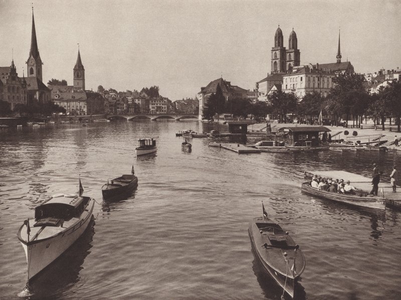 سويسرا: زيورخ من Quaibrucke (b / w photo) بواسطة جين جابريل