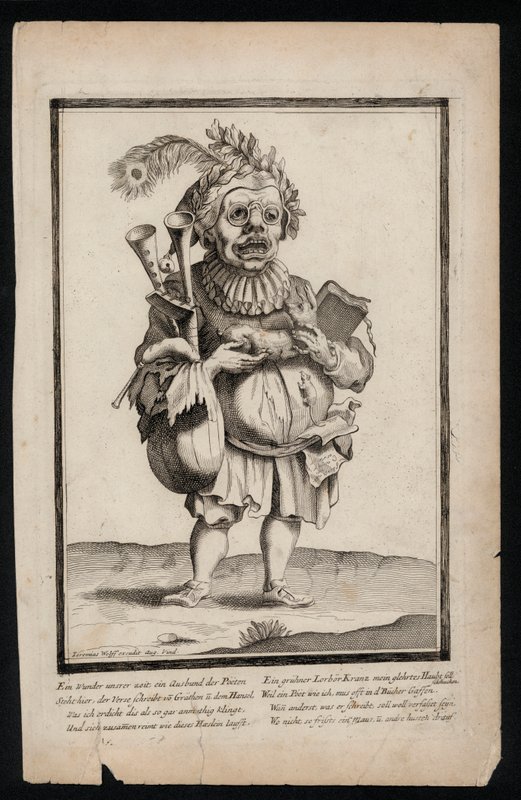 رجل يحمل مجموعة من مزمار القربة ويرتدي غطاء رأس من ريش الطاووس ، طباعة زي سريالي ، c1700 (نقش) بواسطة جيريمياس وولف