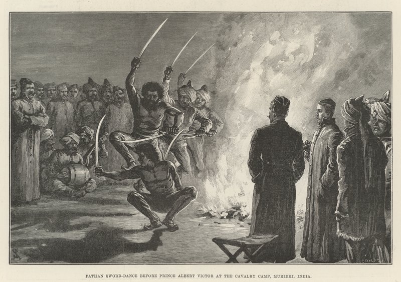 Pathan Sword-Dance قبل الأمير ألبرت فيكتور في معسكر الفرسان ، Muridki ، الهند بواسطة يوهان نيبوموك شونبيرج