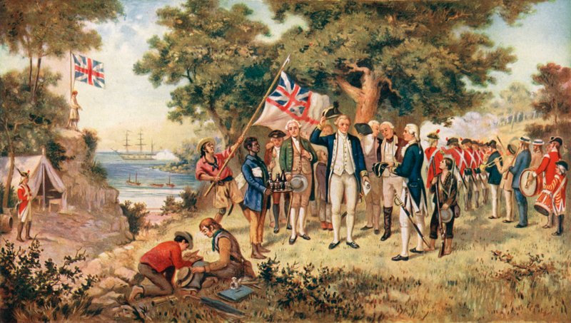 الكابتن كوك يستحوذ على القارة الأسترالية نيابة عن التاج البريطاني ، 1770 بواسطة جون ألكسندر بعد جيلفيلان