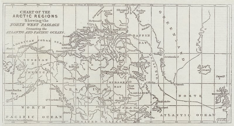 رسم بياني لمناطق القطب الشمالي يوضح الممر الشمالي الغربي الذي يربط المحيطين الأطلسي والهادئ بواسطة جون داور